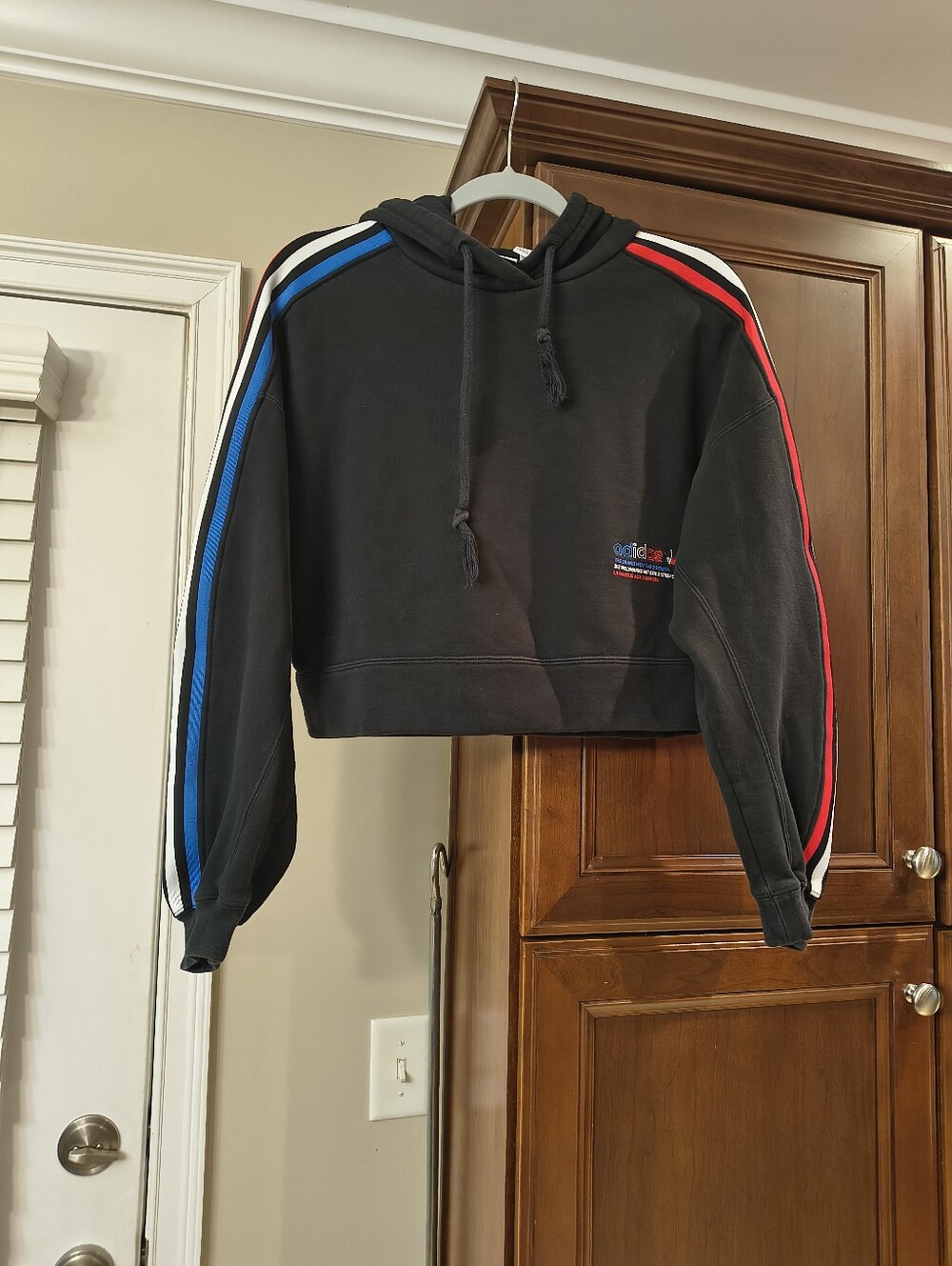Adidas Cropped Black Hoodie Sweater with Red & Blue Stripe Detail Small